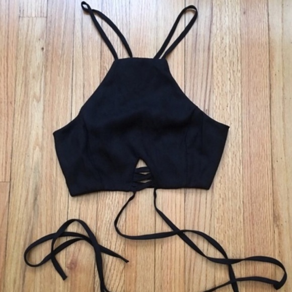 Black Cross Cross Wrap Suede Crop Top - Picture 4 of 5
